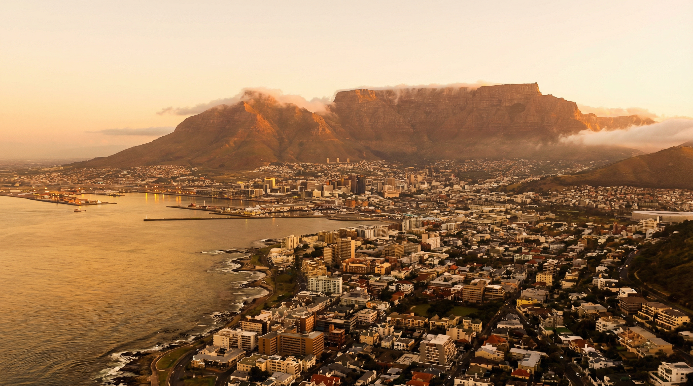 Cape Town with Table Mountain at golden hour